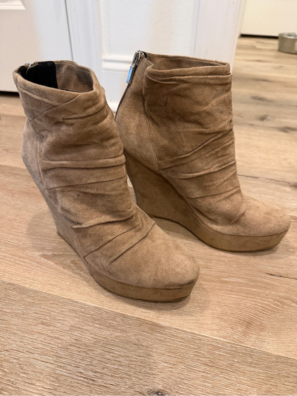 Boutique 9 Tan Suede Ruched Wedge Booties